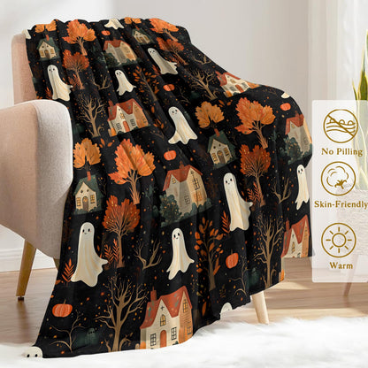 ainori Spooky Ghost Village Flannel Blanket - Cute with Autumn Trees, and Houses Throw - Soft Cozy Gifts Balnkets for Halloween Decor, Fall Lovers,Kids,Women,Festive Home Accents 50x60in