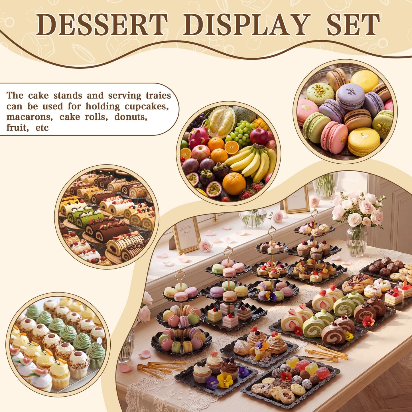 Remerry 16 Pcs Dessert Table Display Set 3 Tier Cupcake Stands Tower Holder Plastic Cookie Serving Trays Gold Serving Tongs for Tea Party Wedding Baby Shower Birthday Table Display(Black)
