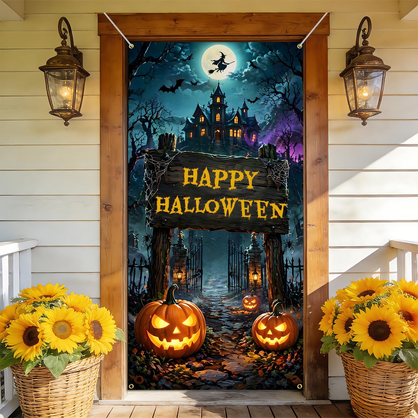 NYZE Happy Halloween Front Door Cover Banner, 35.4 x 70.8 Inch Pumpkin Vertical Hanging Door Backdrop, Indoor Outdoor Halloween Party Photography Decorations