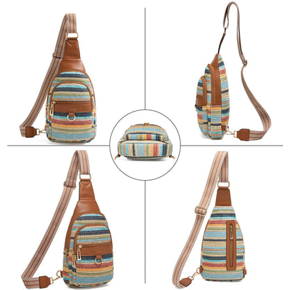 cakang 7L Straw Crossbody Bags for Women - Fashion Sling Chest Bag with Rainbow Woven Design, Lightweight Fanny Pack Travel Leather Shoulder Bag (Brown)