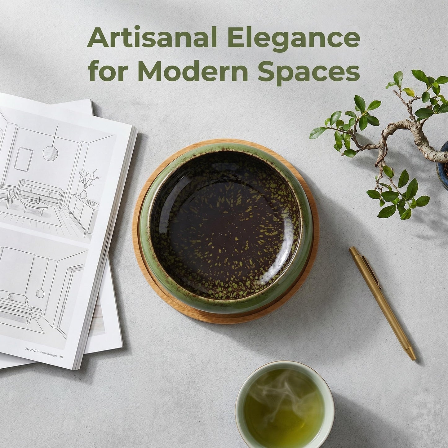 DECHOUS Ceramic Lotus Bowl Planter 7 Inch Round Shallow Succulent Planter Glazed Flower Plants Pot with Bamboo Tray for Lotus Seeds, Bonsai, Home Indoor Decor