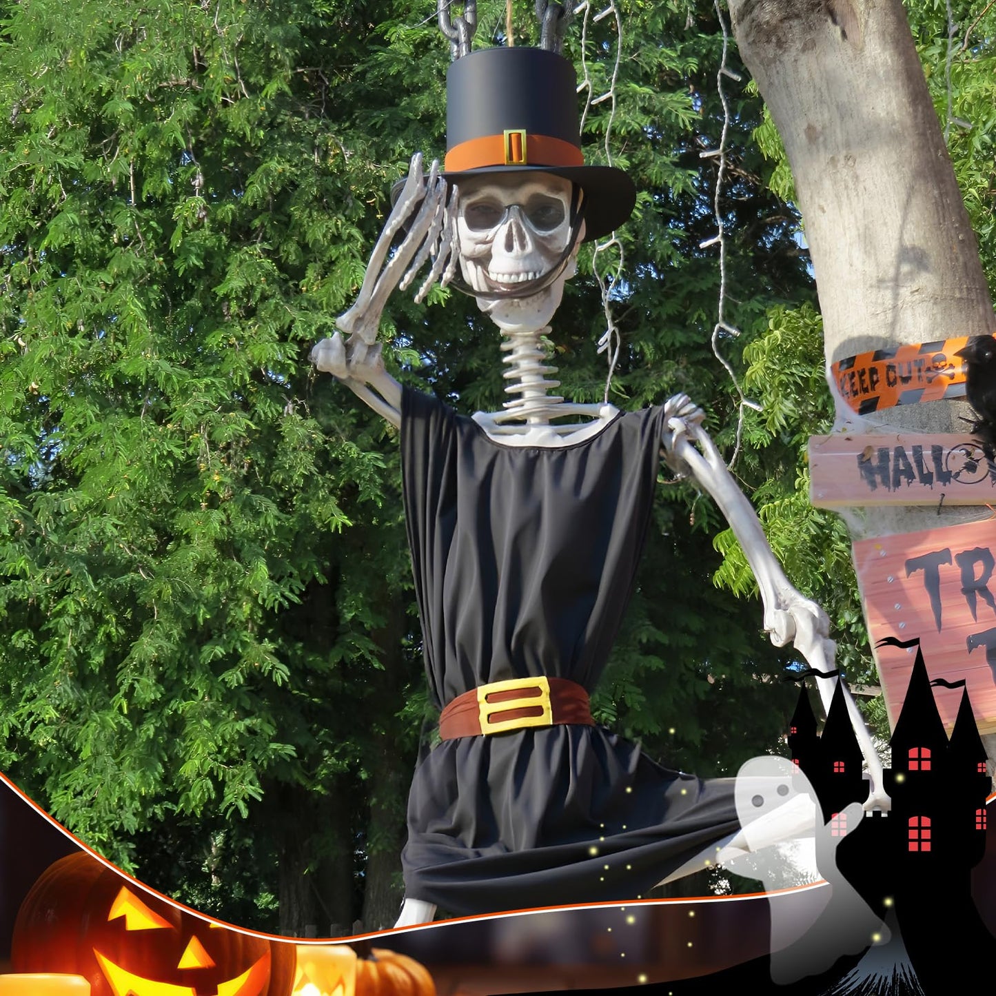 Tarpop 2Pcs Halloween 12 ft Skeleton Outfit Set Giant Skeleton Pilgrim Costume Includes Black Jazz Hat Pilgrim Jacket for Halloween Thanksgiving Outdoor Yard House Prop Decorations