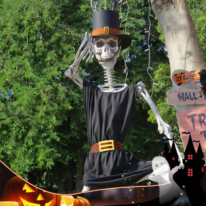 Tarpop 2Pcs Halloween 12 ft Skeleton Outfit Set Giant Skeleton Pilgrim Costume Includes Black Jazz Hat Pilgrim Jacket for Halloween Thanksgiving Outdoor Yard House Prop Decorations