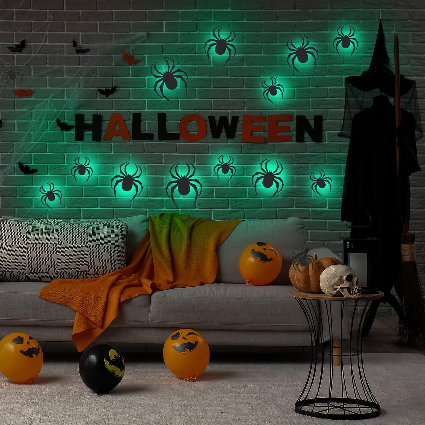 Tujoe 48 Pcs 2025 New LED Halloween 3D Lighted Spider Decorations Wall Stickers 4 Different Size Removable PVC Spider Wall Sticker for Indoor Home Hanging Window Glow Decor Party Supplies