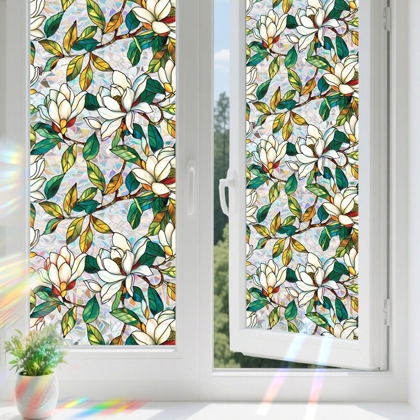 Aomkmi 2-Pack Window Privacy Films Stained Glass Rainbow Decal Static Clings UV Blocking Removable Floral Film Office Home Sunroof Window Tinted Stickers, 17 x 78.74 Inch