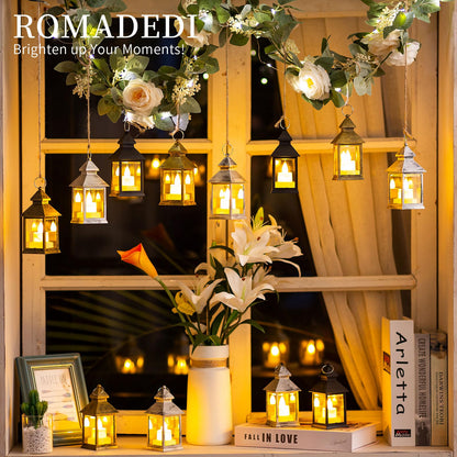 Romadedi Mini Lanterns Decorative for Wedding Centerpiece - 20 PCS Hanging Small Gold Lantern Bulk with Flickering LED Candles for Halloween Decorations Christmas Table Decor, Batteries Included