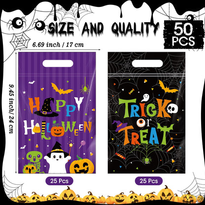 Pajean 50 Pcs Halloween Goodie Bags with Zipper Resealable Plastic Trick or Treat Candy Gift Bags Cute Ghost Pumpkin Skeletons Sealing Pouches for Halloween Party Favors Wrapping Supplies Decorations