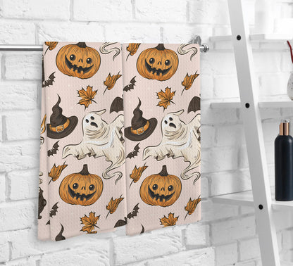 NOQL Halloween Pumpkin Kitchen Ghost Towels and Dishcloths Set of 2, Halloween Drying Cloth Hand Towels Tea Towels for Bathroom Decor, 16×24 Inch