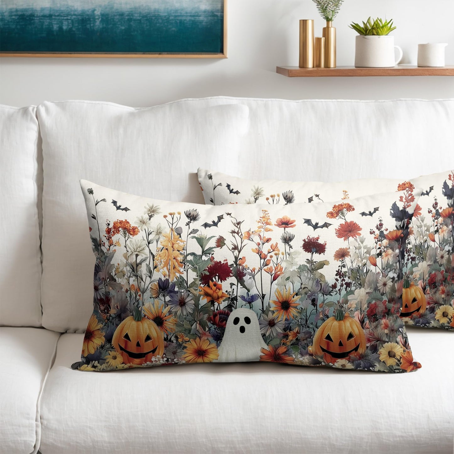 Halloween Pillow Covers 12x20 Inch Set of 2 Ghost Pumpkins Bats and Wildflower Horror Cotton Linen Decorative Throw Pillow Cases Spooky Holiday Cushion Covers for Bedroom Living Room Sofa Couch Chair