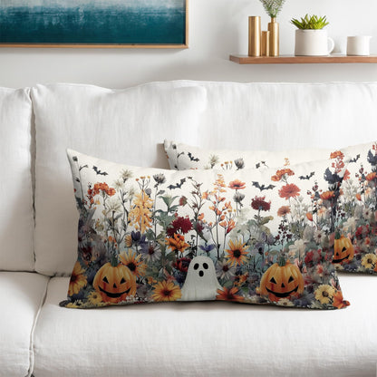 Halloween Pillow Covers 12x20 Inch Set of 2 Ghost Pumpkins Bats and Wildflower Horror Cotton Linen Decorative Throw Pillow Cases Spooky Holiday Cushion Covers for Bedroom Living Room Sofa Couch Chair