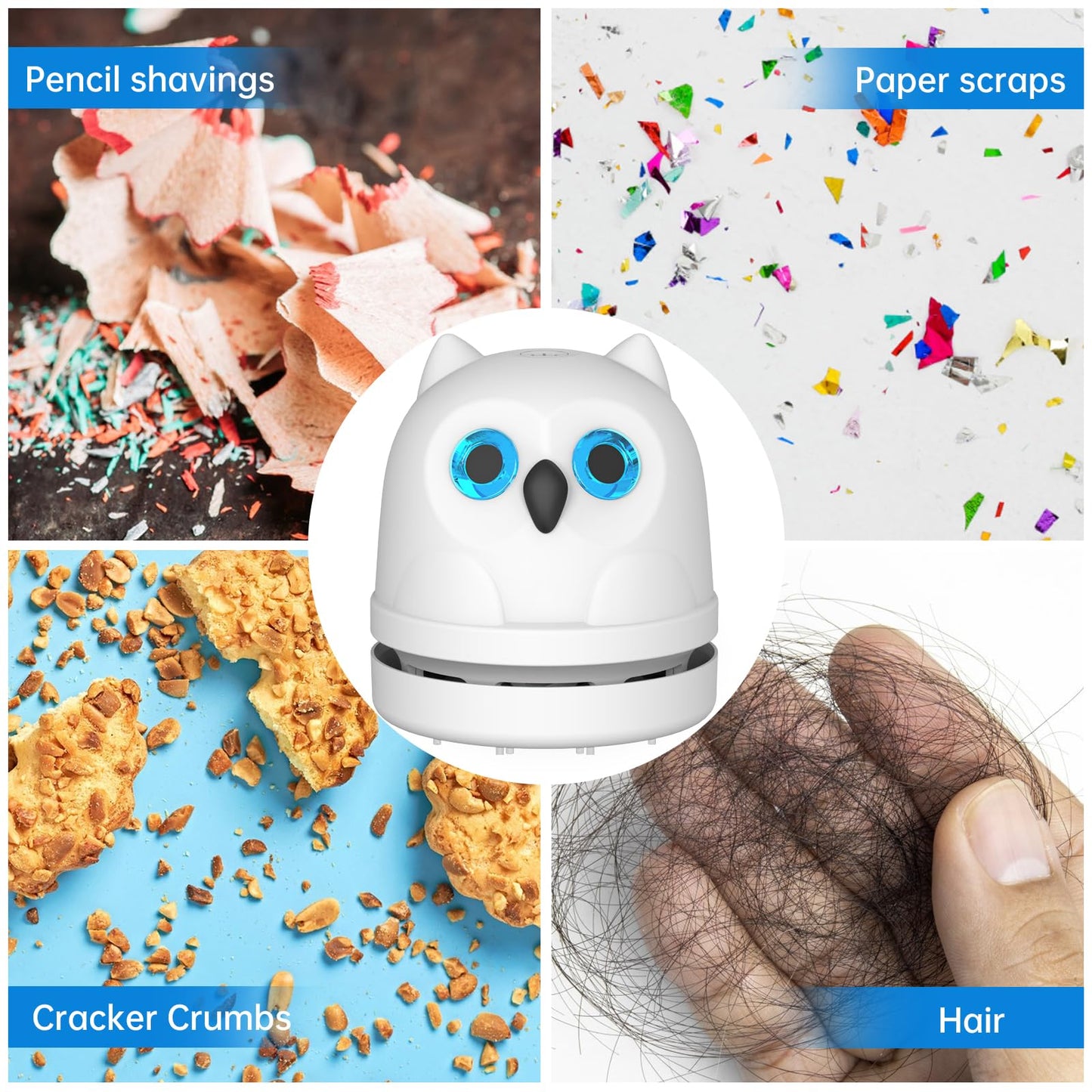 Mini Desktop Vacuum Cleaner Owl Desk Vacuum Cleaner Cute Desk Vacuum Sweeper for Cleaning Eraser Waste, Crumbs, Hair, Paper Scraps on Computer Piano Keyboard Countertop Car