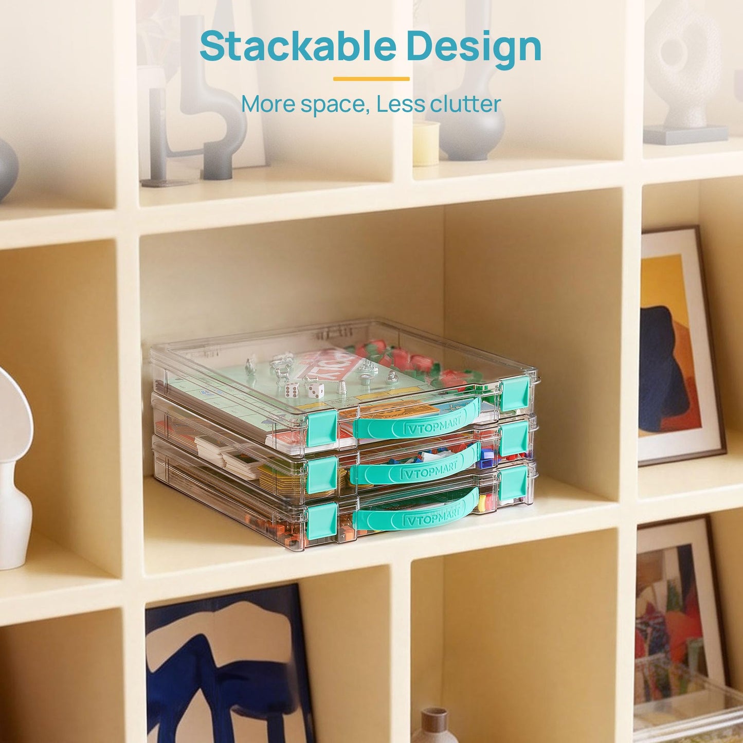 Vtopmart 3 Pack Board Game Storage with Handle and Snap-Tight Latch Lid, Craft Organizer Fit 12" x 12" Papers, Stackable Clear Storage Box for Scrapbook Storage, Art Supply Storage, Puzzle Storage