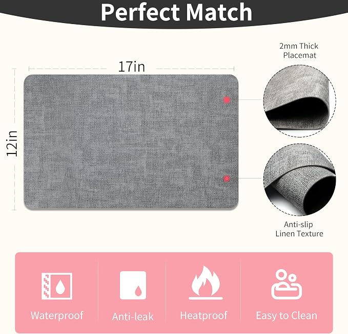 Maxpearl Faux Leather Placemats Set of 6 - Waterproof - Wipe Clean - Heat Resistant - Anti Slip Dining Table Place Mats, Suitable for Indoor & Outdoor Use, 17’’×12’’, Grey