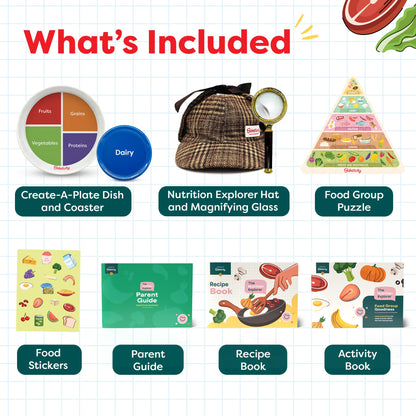 Baketivity Nutrition Explorer Kit – STEM Learning for Kids with Detective Costume, Food Chart Puzzle, Portion Plate, Stickers & Recipe Book