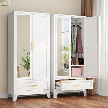 winiowa Metal Armoire Wardrobe Closet with Drawer, 71" Wardrobe Cabinet with Adjustable Shelves and Hanging Rod, Clothing Storage Cabinet Closet with Mirror for Bedroom-White