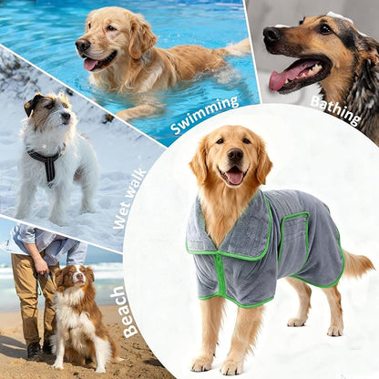 Soft Dog Bathrobe Fast Drying Dog Coat, Super Absorbent Dog Towels for After Bath, Microfiber Pet Robe Adjustable Collar & Belly Warm Keeping Dogs Coat for Pet Dogs & Cats (Grey, Large)