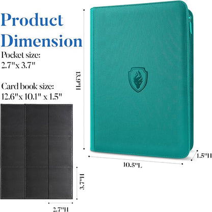 Premium Zip Card Binder, Fabmaker 9 Pocket Trading Card Binder, PU Cover Zipper Card Collection Album, Sturdy 360 Side-Loading Card Folder Holder for Game & Sports Cards, Turquoise