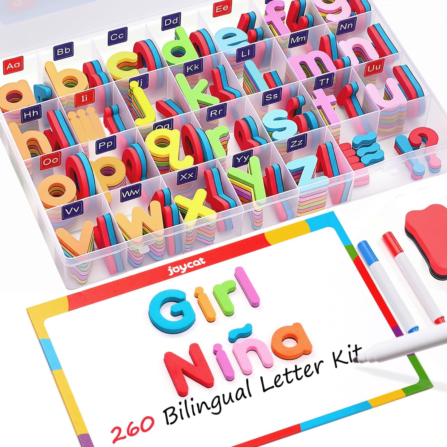 JoyCat English & Spanish Magnetic Letters Kit, 260 Pcs Foam Alphabet Magnets with Spanish Symbols & Double-Sided Magnetic Whiteboard, Bilingual Preschool Learning Toys for Classroom & Homeschool