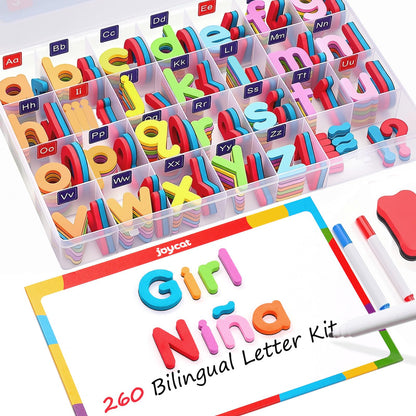 JoyCat English & Spanish Magnetic Letters Kit, 260 Pcs Foam Alphabet Magnets with Spanish Symbols & Double-Sided Magnetic Whiteboard, Bilingual Preschool Learning Toys for Classroom & Homeschool