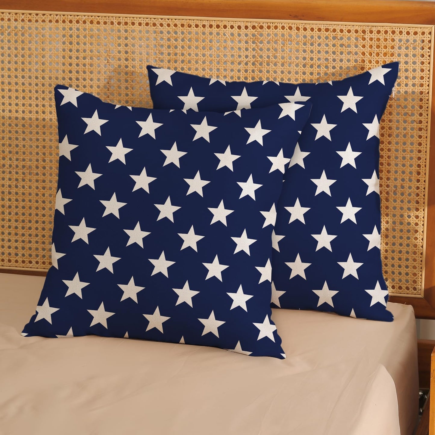 AGAYNA 4th of July Pillow Covers 18x18 Blue and Cream Patriotic Stars Outdoor Decor Throw Pillows for Couch Independence Day Memorial Day Pillowcase Decorative Cushion Case for Sofa Bed Set of 2