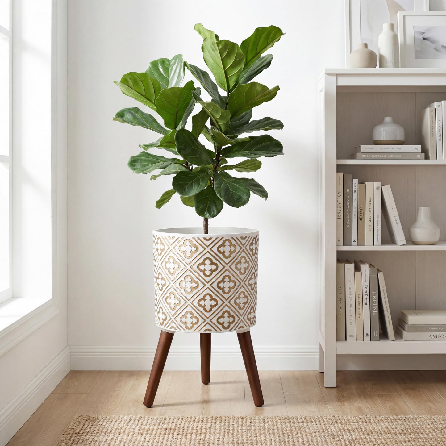 naclto 10 Inch Planter with Stand, Plant Pot for Indoor Plants, Large Modern Flower Pots Indoor Outdoor with Drainage for Home Garden Patio, White ＆ Gold