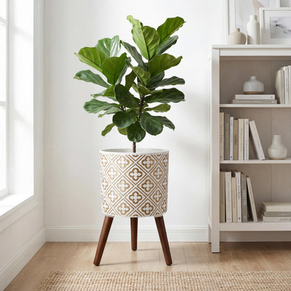 naclto 10 Inch Planter with Stand, Plant Pot for Indoor Plants, Large Modern Flower Pots Indoor Outdoor with Drainage for Home Garden Patio, White ＆ Gold