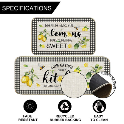 Lemon Kitchen Mat Set of 2, Kitchen Mats for Floor, Farmhouse Lemon Kitchen Decor Floor Mats Non Slip, Kitchen Runner Rug Carpet 17x29 and 17x47 Inch