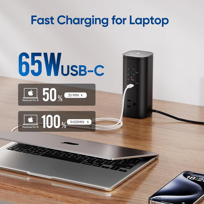 Flat Plug Surge Protector Tower, TenTrend Power Strip Tower with Surge Protection, 3 AC Outlets & 8 USB Ports, 5FT Extension Cord, 115W Total Fast Charging Station for Multiple Devices