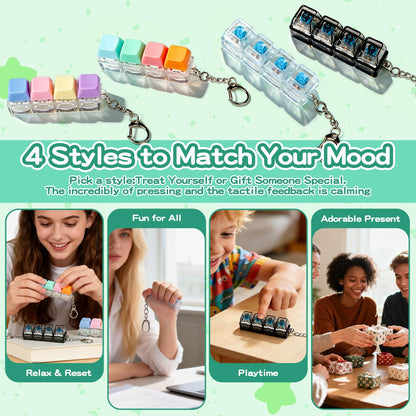 4-Pack Keyboard Fidget Toy,4-in-1 Clicky Stress Relief Fidget Keychain Set with 4 Unique Styles,Quiet Tactile Feedback Button Finger Clicker for Adults to Focus & Calm Anxiety Office Travel, Gift Box