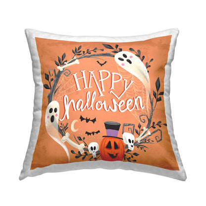 Stupell Industries Whimsical Orange Happy Halloween Ghosts Wreath Design by Arrolynn Weiderhold Throw Pillow