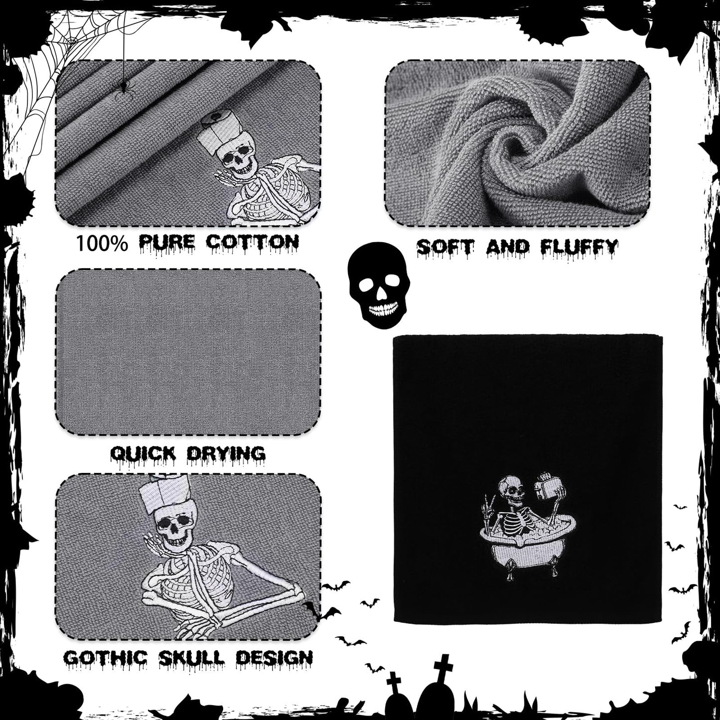 Breling 3 Pcs Halloween Skeleton Kitchen Hand Towels 13.3 x 29 Inch Towels for Bathroom Cotton Soft Embroidered Home Decoration 100% Cotton for Goth Kitchen Halloween Birthday Gifts
