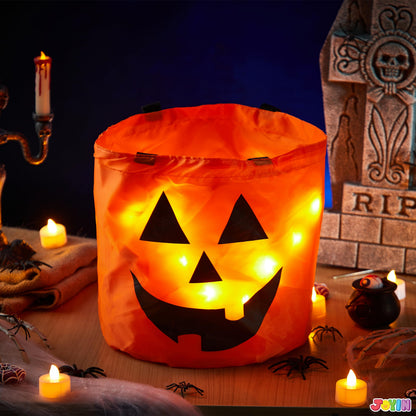 JOYIN 2 PCS Halloween Trick or Treat Bags 10 x 11.8 inches LED Light Orange Pumpkin Buckets Reusable Goody Candy Bucket Trick or Treating, Halloween Birthday Party Favor Supplies
