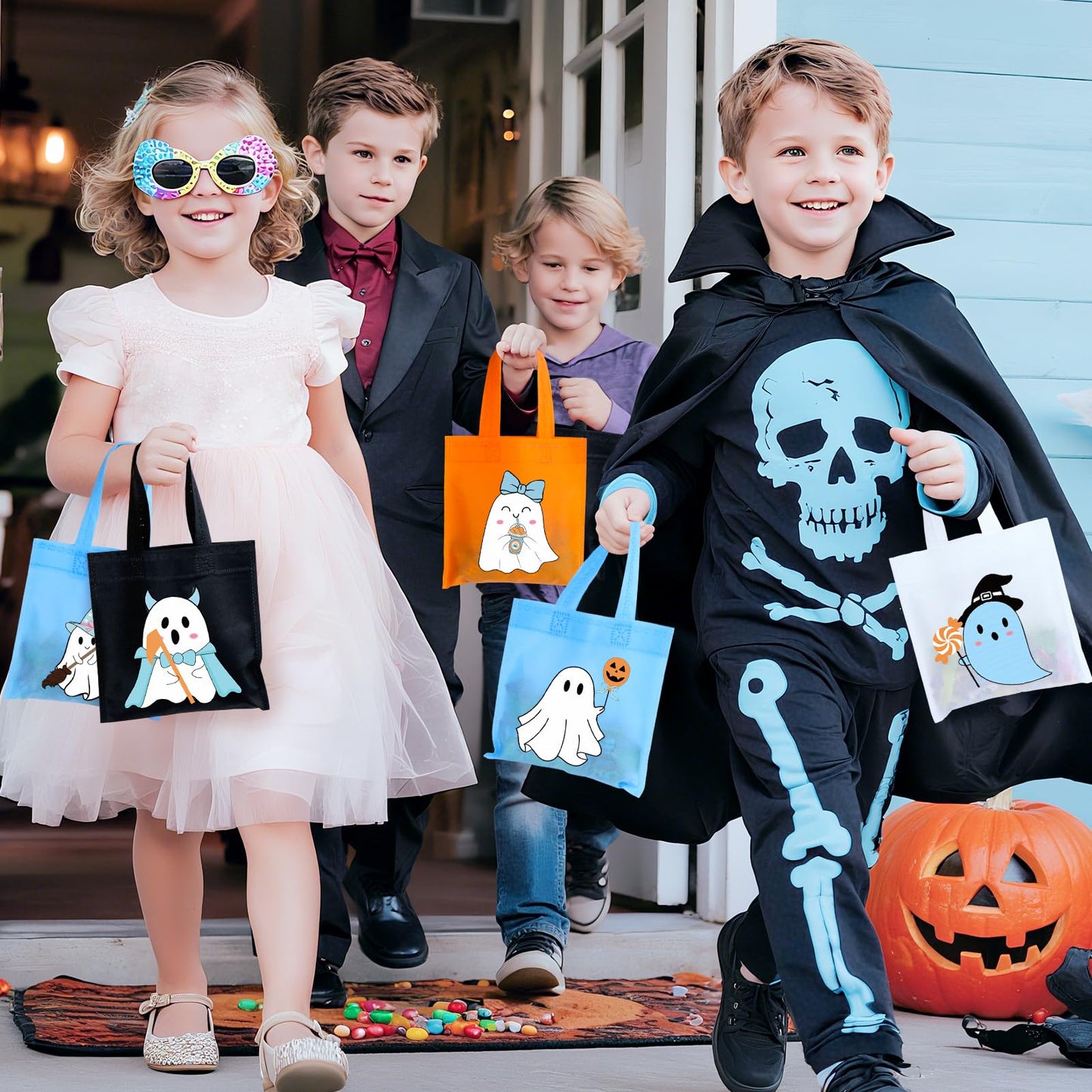 20Pcs Blue Summerween Ghost Party Favor Bags, Non Woven Summer Halloween Treat Bags Gift Bags, Cute Ghost Goodie Candy Tote Bag for Spooky One Two Spooky Birthday Little Boo Baby Shower Party Favor