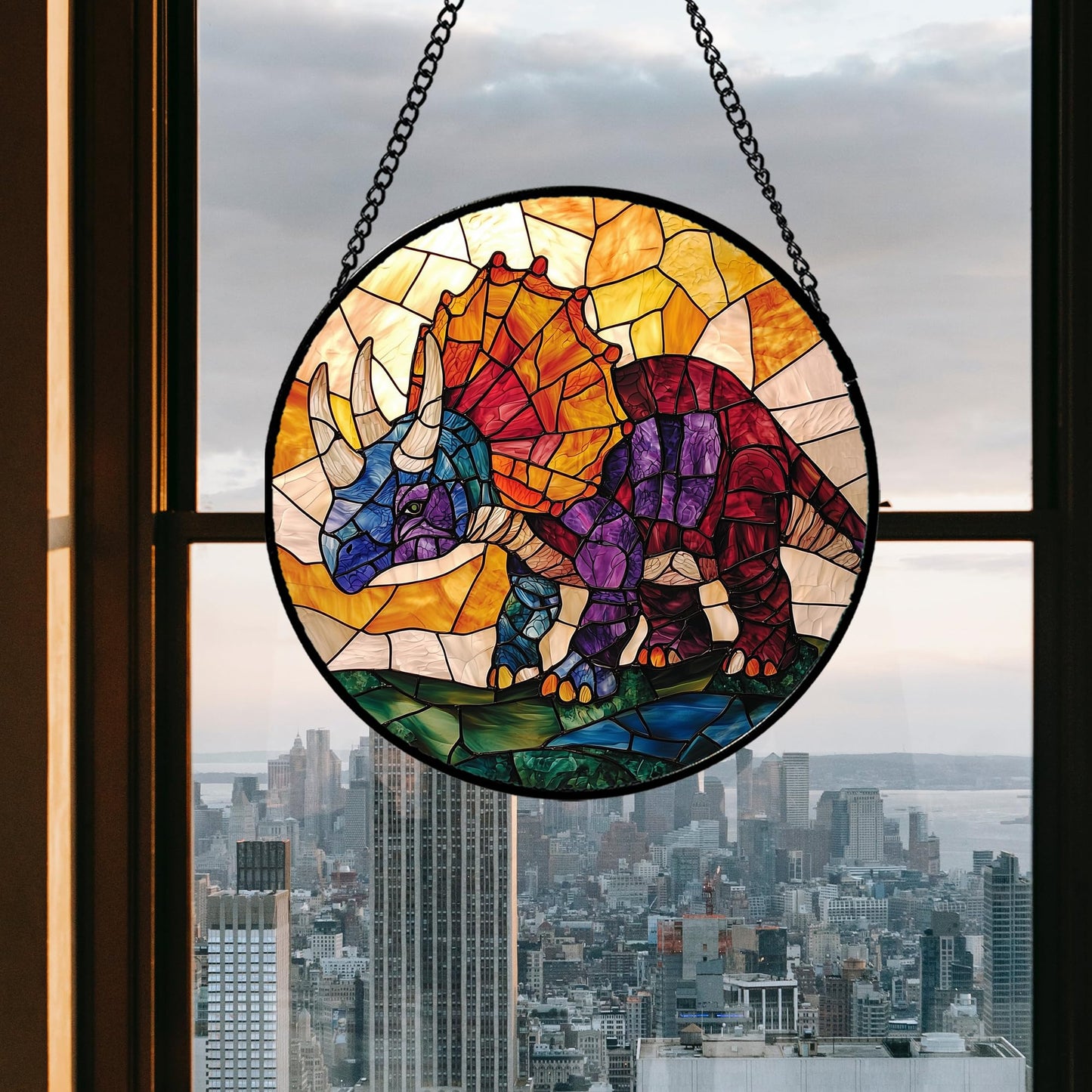 JOSUMALY Stained Glass Window Hanging - Triceratops Abstract Dinosaur Suncatcher for Door Terrace Garden Home Decor, Orange Red Sun Catcher Birthday Gifts for Lovers Women Men Dad Mom Nana 7.8 in