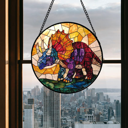 JOSUMALY Stained Glass Window Hanging - Triceratops Abstract Dinosaur Suncatcher for Door Terrace Garden Home Decor, Orange Red Sun Catcher Birthday Gifts for Lovers Women Men Dad Mom Nana 7.8 in
