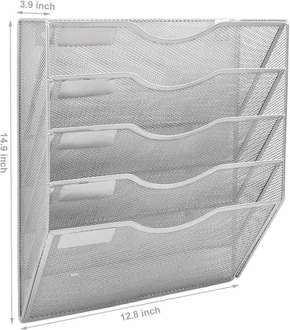 EASEPRES 5 Pocket Mesh Hanging Wall File Organizer, Wall Mounted Mail Paper Document Folder Holder, Clipboard Storage Organization Magazine Rack with Nametag Label for Office Home School, Silver
