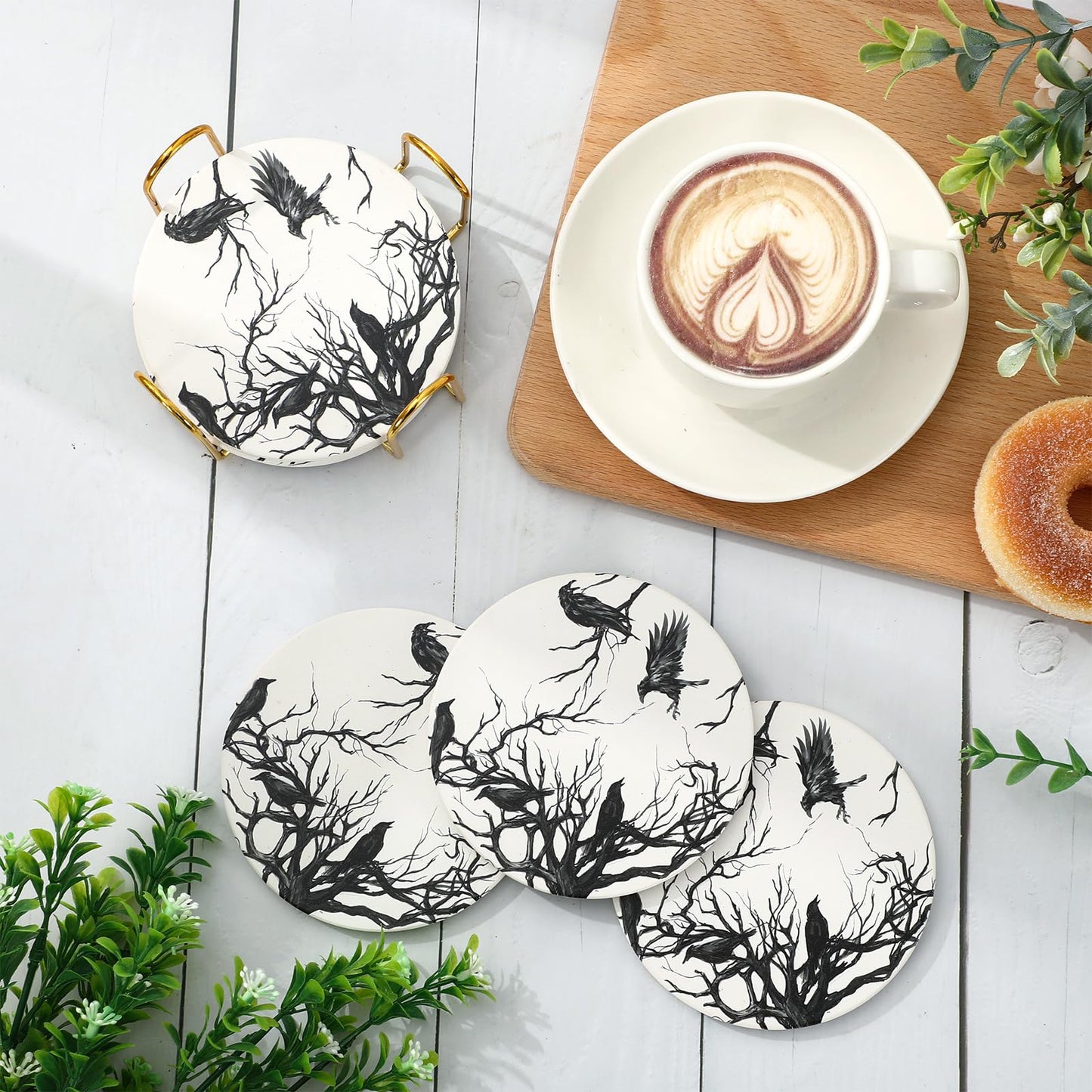 6Pcs Halloween Coasters with Holder Silhouette Tree Crows Drink Coasters Branches Black Ceramic Cup Mats for Party Home Office Table Decor