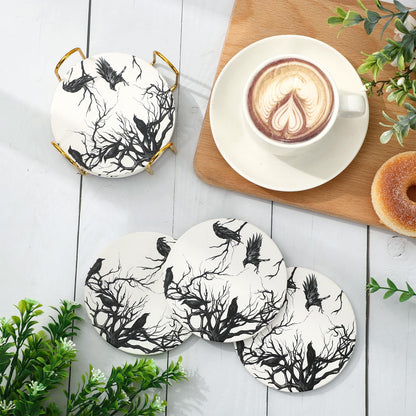 6Pcs Halloween Coasters with Holder Silhouette Tree Crows Drink Coasters Branches Black Ceramic Cup Mats for Party Home Office Table Decor