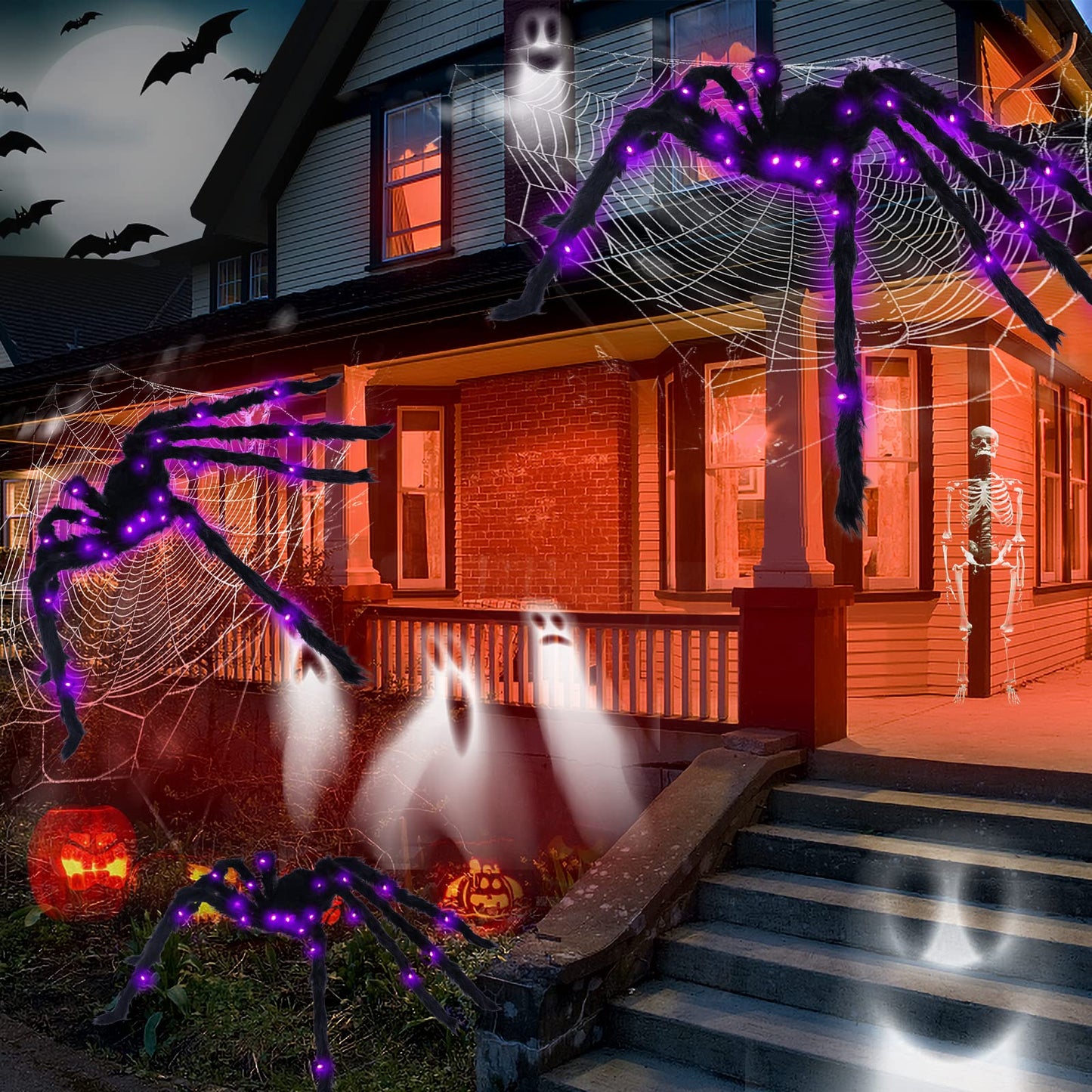 VOMAOK Halloween Spider Decorations 4ft Light Up Giant Spider(2 Pack) for Indoor Outdoor Halloween Decorations Yard Party House Décor