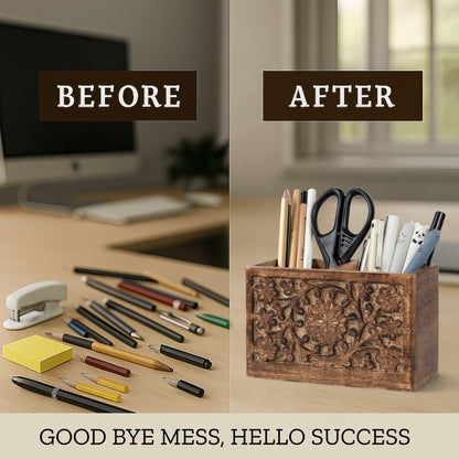 Mie Creations 2 Slot Rustic Pencil Holder Pen Stand for Desk Organizer | Handcarved Wooden Pen Holder for Desktop Table, Wood Office Accessories | Multipurpose School Stationery Craft Supplies 6''