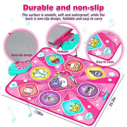 Kusntin Unicorn Dance Mat, Dance Mixer Rhythm Step Play Mat, Pink Dance Pad with LED Lights, Adjustable Volume, Built-in Music, 5 Game Modes, Xmas B-Day Gifts for 3-12 Years Old Girls Toys