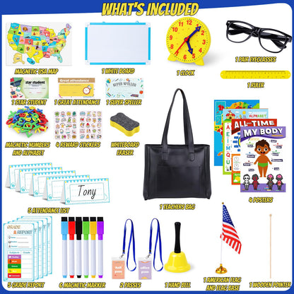 Gifts2U Pretend Play School Sets for Kids - With Teacher Bag, Whiteboard, Learning Clock, Educational Posters and Teaching Toy Supplies.