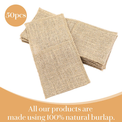 50 Pcs Natural Jute Utensils Holders, 8.8 x 4 inch Cutlery Pouch, Silverware Holder, Napkin Bag for Rustic Wedding Party Decorations
