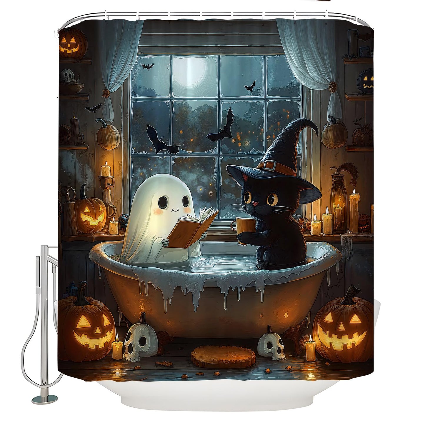 HUSPWP Halloween Funny Ghost Shower Curtain Spooky Gothic Cute Ghost Black Cat Reading in Bathtub Pumpkin Bat Skull Dark Horror Scary Goth Bat Creepy Holiday Fabric Bath Curtain with Hook