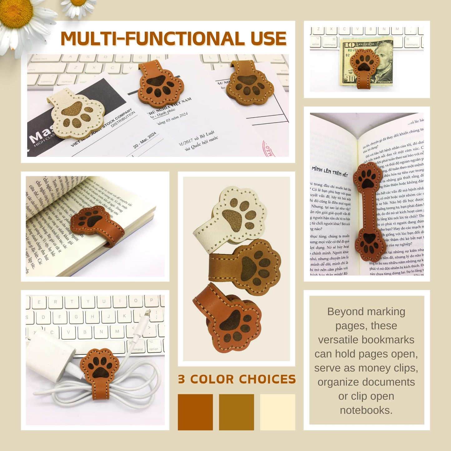 ALEACAR Magnetic Leather Bookmarks for Reading, Cute Dog Paw Shape Magnet Bookmark Clips for Women, Men, Kids, Magnetic Book Marks, Gifts for Book Lovers Teachers Students (1 Pack, Brown)