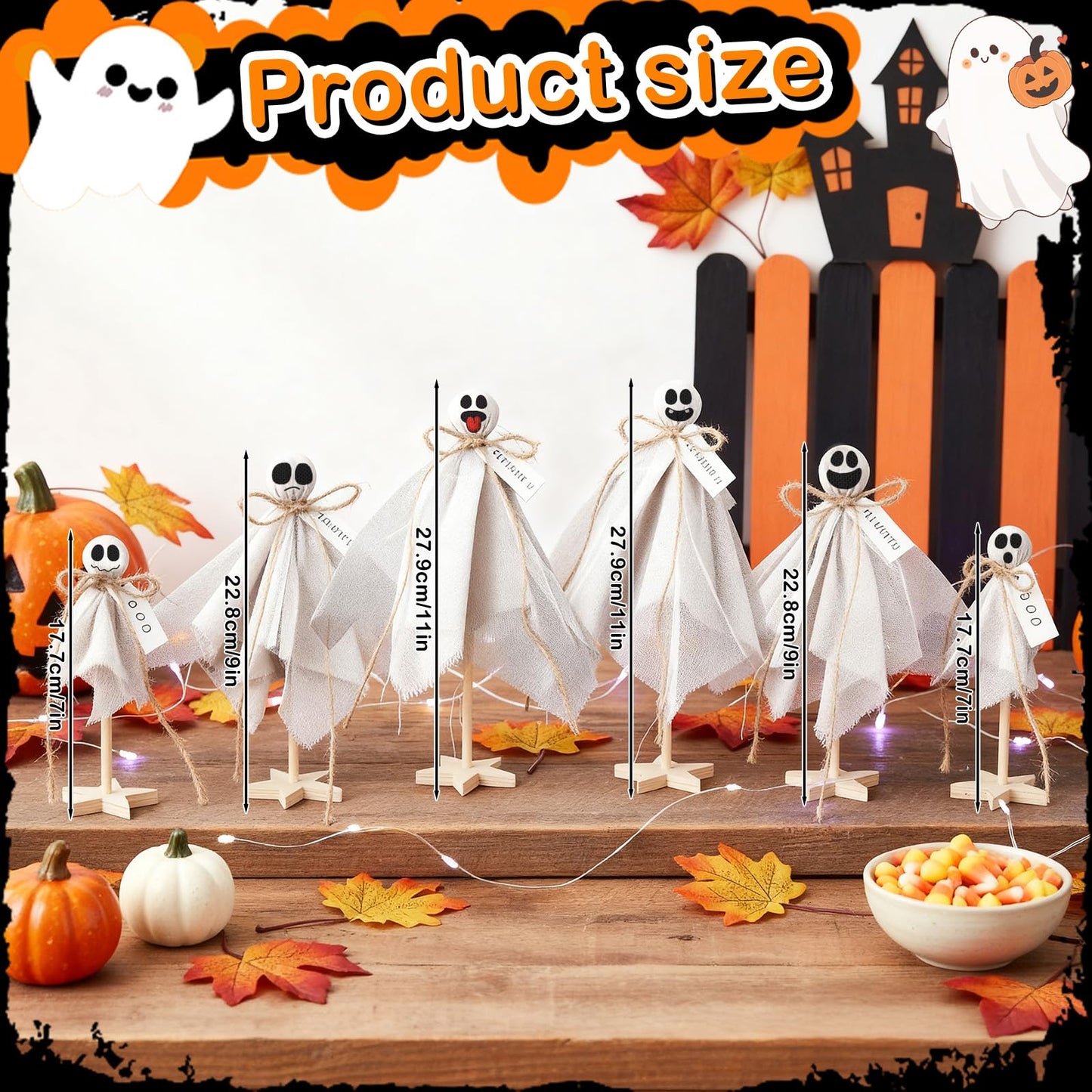 AceOrbit 6 Pcs Halloween Primitive Ghost Table Decor, Rustic Ghost Wooden Stand Sign Boho Farmhouse Wood Spooky Table Centerpieces for Halloween Office Indoor Party Decoration Supplies (Mixed Style)