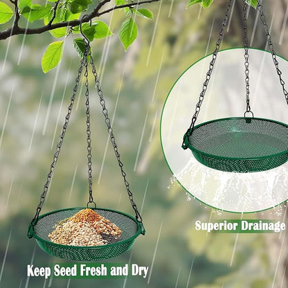 Hanging Bird Feeder for Outdoors – 9 in Metal Mesh Bird Feeder Tray Platform for Small Wild Birds, Green