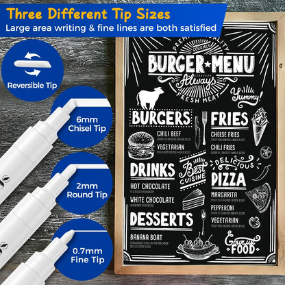 SFAIH White Liquid Chalk Markers for Blackboard, Glass - [Wet Wipe No Residue] 8 Pack- (4x) 2mm/4mm Reversible & (4x) 0.7mm Fine Tip, Ultra Flow Triple-Tips - Menu, Bistro, Signs, Windows, Food Labels