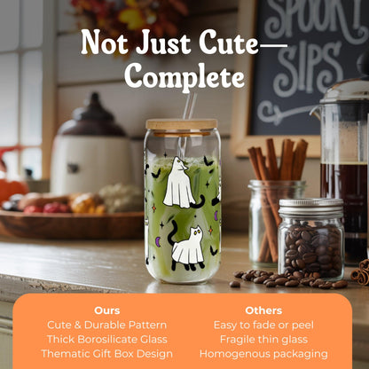 Halloween Ghost Cat Cups - Cute Halloween Gifts Spooky Boo Basket Stuffers for Women Teens Boy Girls Kids - 16oz Glass Iced Coffee Cup w/ Lids and Straw - Ideal for Trick or Treat Party Favors Decor
