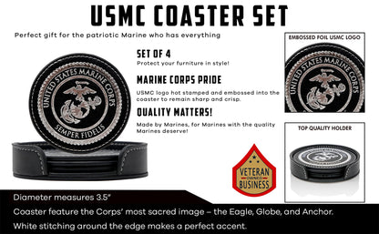 USMC Leather Coaster Set - 4 Premium Coasters with Hot Stamped Foil US Marines EGA Logo - Marine Corps Gift | USMC Leather Coasters
